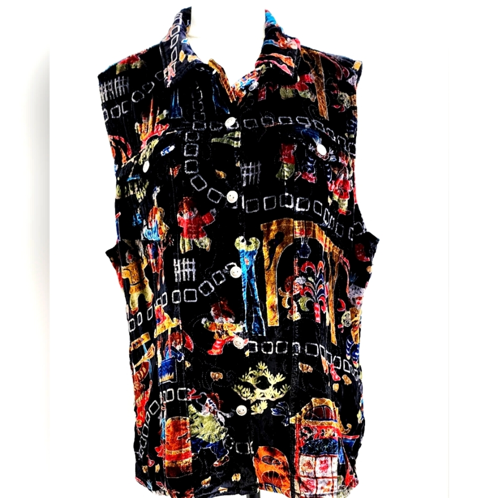 CHICO'S Vintage Women Collared Shirt Size L Black Sleeveless Button Lined - Picture 1 of 6